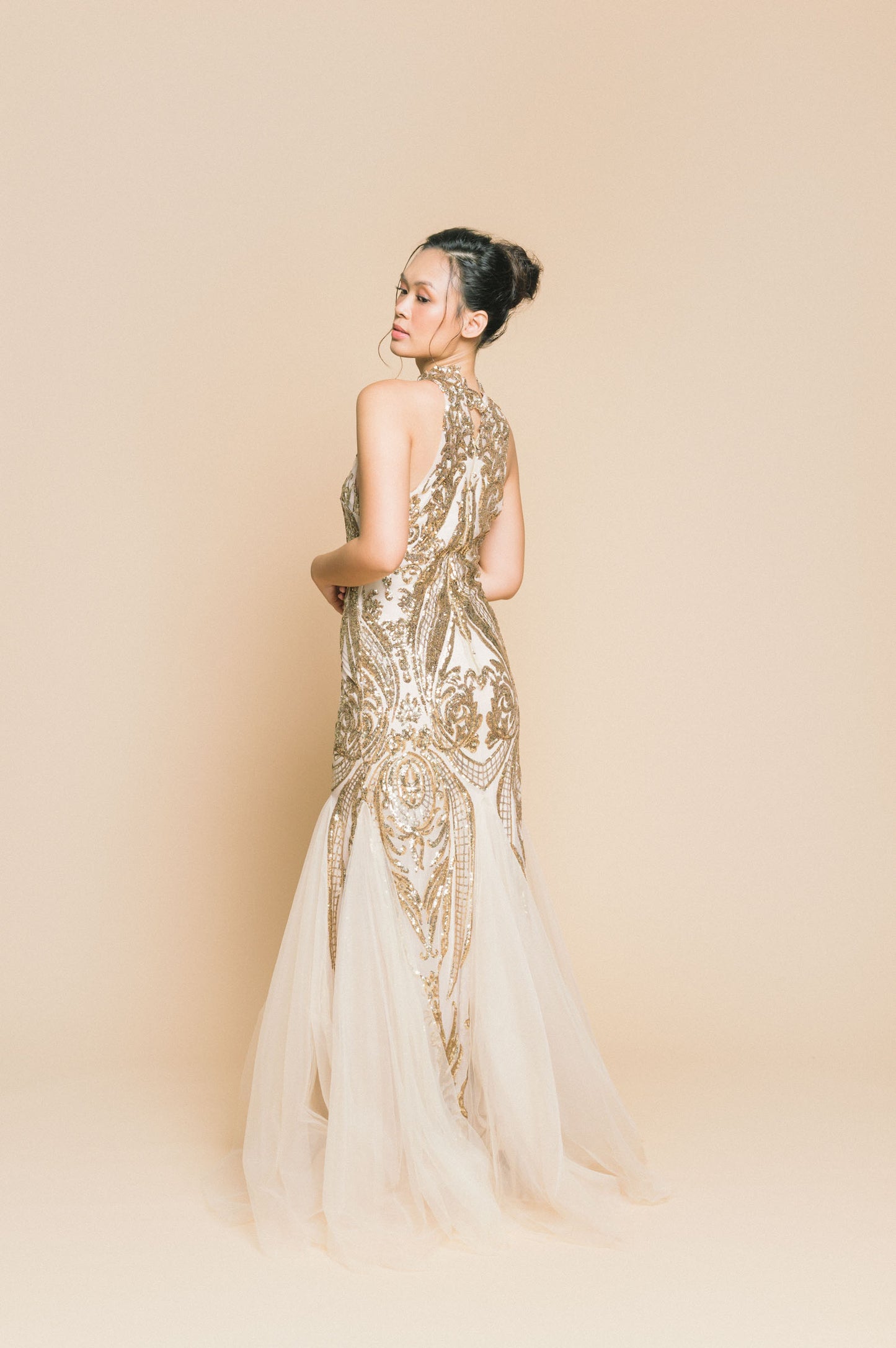 Beaded Gown with Tulle Train